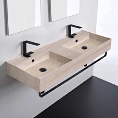 Beige Travertine Design Ceramic Wall Mounted Double Sink With Black Towel Holder